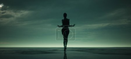 Téléchargez les photos : Smoke Shadow Spirit Silhouette Large Mysterious Woman Floating Across a Beach Gloom Horror Sci-Fi 3d illustration render - en image libre de droit