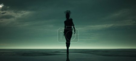Téléchargez les photos : Smoke Shadow Spirit Silhouette Large Mysterious Woman Walking Across a Beach Gloom Horror Sci-Fi 3d illustration render - en image libre de droit