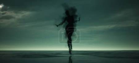 Téléchargez les photos : Smoke Shadow Spirit Silhouette Large Mysterious Woman Floating Above a Beach Gloom Horror Sci-Fi 3d illustration render - en image libre de droit