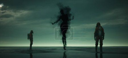 Téléchargez les photos : Smoke Shadow Spirit Silhouette Large Mysterious Woman Floating Above a Beach with Men in Hazmat Suits Looking On Gloom White an Black Horror Sci-Fi 3d illustration render - en image libre de droit