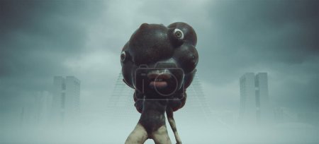 Foto de Woman Staggering Paranormal Demon Blob with Giant Mouth Eyes Mind Control Alien Body Snatcher Post Apocalyptic Monster 3d illustration render - Imagen libre de derechos