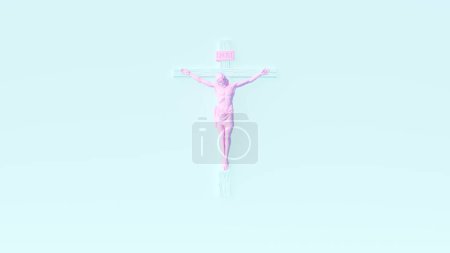 Téléchargez les photos : Pink Jesus Christ Crucifix Cross Blue Background Easter Religion Symbol 3d illustration render - en image libre de droit