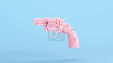 Téléchargez les photos : Pistolet de poing rose Pistolet Arme à feu fond bleu Vintage Kitsch Retro 3d illustration rendre rendu numérique - en image libre de droit