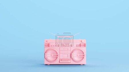Téléchargez les photos : Boombox Rose Lecteur Cassette Ghetto Blaster Stereo Retro Jeune Kitsch Bleu Arrière-plan Vue de face Illustration 3d rendre le rendu numérique - en image libre de droit