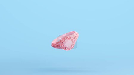 Foto de Anillo de diamante rosa Piedra preciosa costosa Joya anillo de boda de lujo Kitsch fondo azul 3d ilustración renderizado digital - Imagen libre de derechos