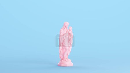 Photo for Pink Mary Mother Woman Baby Jesus Statue Holy Mother Modern Kitsch Blue Background Quarter View 3d illustration render digital rendering - Royalty Free Image