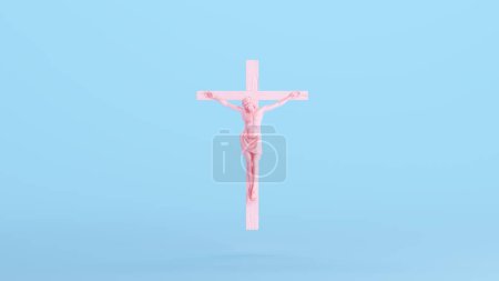 Téléchargez les photos : Rose Jésus Christ Crucifixion Croix Sainte Foi Icône de Pâques Roi des Juifs Kitsch Bleu Fond Illustration 3d rendre rendu numérique - en image libre de droit