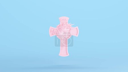 Téléchargez les photos : Rose Jésus Christ Croix Sainte Foi Icône de Pâques Roi des Juifs Kitsch bleu fond illustration 3d rendre rendu numérique - en image libre de droit