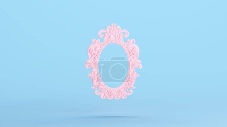 Foto de Marco de imagen rosa adornado forma redonda tradicional Kitsch fondo azul 3d ilustración renderizado digital - Imagen libre de derechos