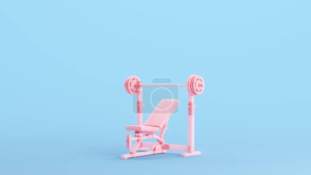 Photo for Pink Weight Training Bench Weight Lifting Workout Equipment Barbell Exercise Gym Kitsch Blue Background 3d illustration render digital rendering - Royalty Free Image
