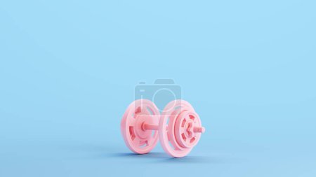 Photo for Pink Dumbbell Weight Training Weight Lifting Workout Equipment Exercise Gym Kitsch Blue Background 3d illustration render digital rendering - Royalty Free Image