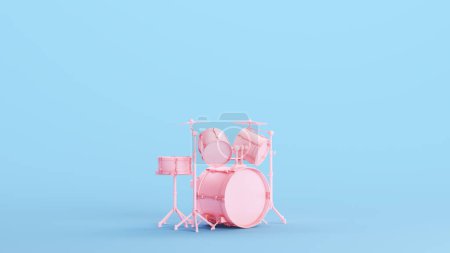 Téléchargez les photos : Kit Batterie Rose Cymbales Musique Jeune Percussion Instrument de Musique Kitsch Bleu Fond Quart Vue Illustration 3d rendre rendu numérique - en image libre de droit
