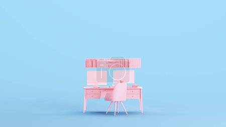 Photo for Pink Office Modern Desk Drawers Chair Bookshelf Studio Space Workplace Remote Working Work Kitsch Blue Background Front View 3d illustration render digital rendering - Royalty Free Image