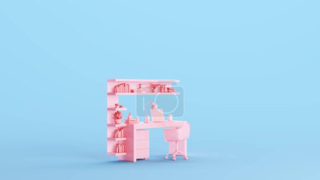 Foto de Escritorio moderno de oficina rosa cajones silla librería estudio espacio lugar de trabajo trabajo remoto trabajo Kitsch fondo azul cuarto de vista 3d ilustración renderizado digital - Imagen libre de derechos