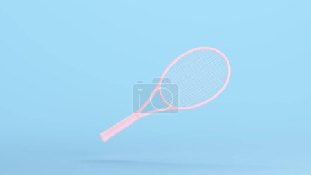 Téléchargez les photos : Raquette de Tennis Rose Raquette Cordes Équipement de Sports Entraînement Fun Kitsch Bleu Fond Illustration 3d rendre le rendu numérique - en image libre de droit