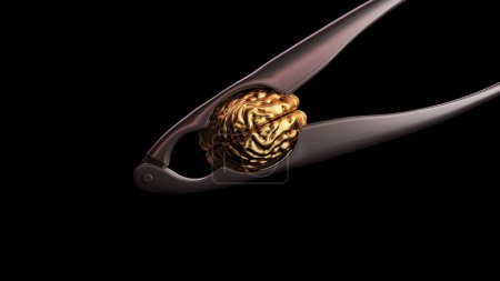 Téléchargez les photos : Gold Human Brain in a Silver Casse-noisette Pression mentale Stress Santé Sensibilisation Dépression Esprit Noir Fond Illustration 3D rendre rendu numérique - en image libre de droit