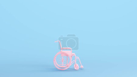 Téléchargez les photos : Rose Fauteuil roulant Hôpital Mobilité Soins de santé Aide aux personnes handicapées Soins aux patients Équipement de transport Vue de côté Kitsch Bleu Arrière-plan Illustration 3D rendre rendu numérique - en image libre de droit