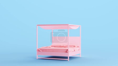 Rose lit moderne à quatre affiches cadre confortable élégant feuilles couverture oreiller Kitsch bleu fond illustration 3d rendre rendu numérique