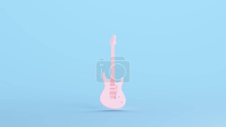Téléchargez les photos : Guitare électrique rose Instrument de musique Classique Harmonie Hobby Cordes à musique Kitsch Bleu Fond 3d illustration rendre rendu numérique - en image libre de droit