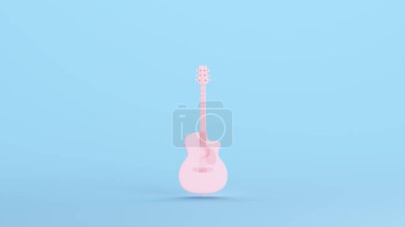 Téléchargez les photos : Guitare acoustique électrique rose Instrument de musique Classique Harmonie Hobby Cordes à musique Kitsch Bleu Fond Illustration 3D rendu numérique - en image libre de droit