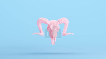Téléchargez les photos : Crâne de bélier rose Corne Mystique Illuminati Voodoo Rock and Roll Satan Trophy Bleu Kitsch Fond Illustration 3D rendre rendu numérique - en image libre de droit