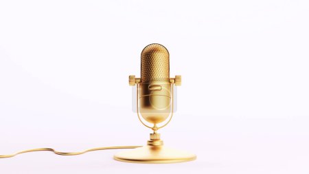 Téléchargez les photos : Or Golden Microphone Luxe Trophée Symbole Art Richesse Production décorative Blanc Fond Illustration 3d rendre rendu numérique - en image libre de droit