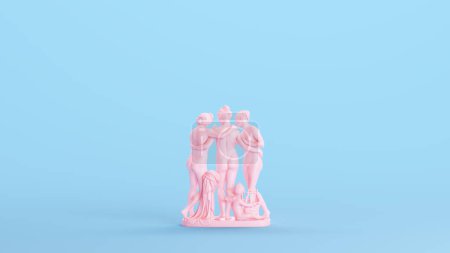 Photo for Pink The Three Graces Daughters Of Zeus Sculpture Statue Embracing Greek Roman Goddesses Blue Kitsch Background 3d illustration render digital rendering - Royalty Free Image
