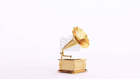 Foto de Gold Gramophone Reproductor de discos Giradiscos Música Vintage Golden Luxury Art Decorative Wealth Elite Fondo blanco Ilustración 3D renderizado digital - Imagen libre de derechos