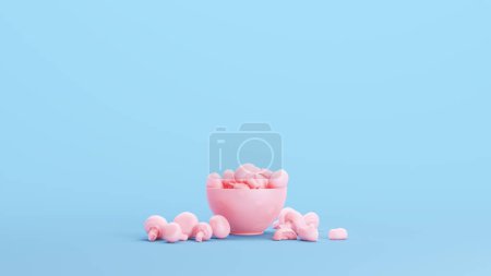 Foto de Botón rosa hongo vegetariano cuenco cosecha cocina comida ingrediente Kitsch fondo azul 3d ilustración renderizado digital - Imagen libre de derechos