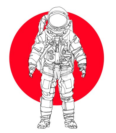 Téléchargez les photos : Ligne astronaute dessin espaceur dessiné à la main rouge soleil graphique Retro Illustration superposition couche Illustration - en image libre de droit