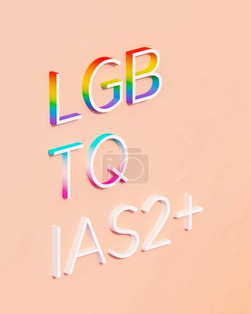 Téléchargez les photos : LGBTQIAS2 + Lettres Célébration de la fierté arc-en-ciel Lesbienne Gay Bisexuelle Trans Transgenre Queer Intersexe Asexuel Deux Esprit + Multicolore Pêche Arrière-plan Illustration 3D rendre rendu numérique - en image libre de droit