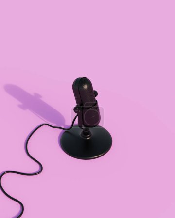 Téléchargez les photos : Black shiny microphone radio music mic sunlight gen z pink background 3d illustration render digital rendering - en image libre de droit