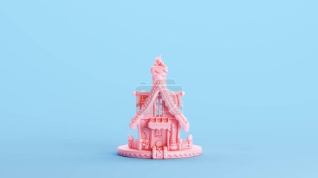 Photo for Pink gingerbread house cake decorated soft gen z kitsch blue background 3d illustration render digital rendering - Royalty Free Image