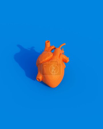 Téléchargez les photos : Orange brillant coeur anatomie de l'organe humain génération de lumière du soleil gen z bleu fond illustration 3d rendre rendu numérique - en image libre de droit