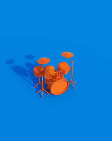 Téléchargez les photos : Orange brillant kit de batterie cymbales vintage jeunesse lumière du soleil gen z bleu fond illustration 3d rendre rendu numérique - en image libre de droit