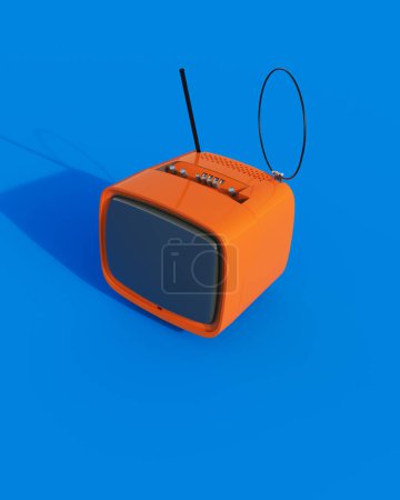 Téléchargez les photos : Orange vintage television set nostalgia 80s 90s retro kitsch blue background wallpaper 3d illustration render digital rendering - en image libre de droit