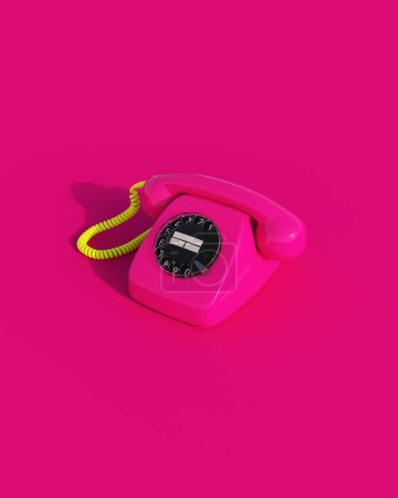 Telefon rosa Vintage Nostalgie fluoreszierend glamourös ermächtigende Farbe 80er 90er Jahre klassischer Retro-Kitsch rubinrosa weinroter Hintergrund 3D-Illustration rendern digitales Rendering