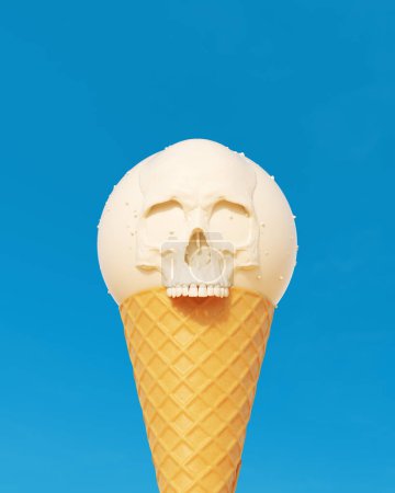 Foto de Helado cono vainilla blanco chocolate cráneo esfera cucharada azul verano cielo fondo 3d ilustración renderizado digital - Imagen libre de derechos