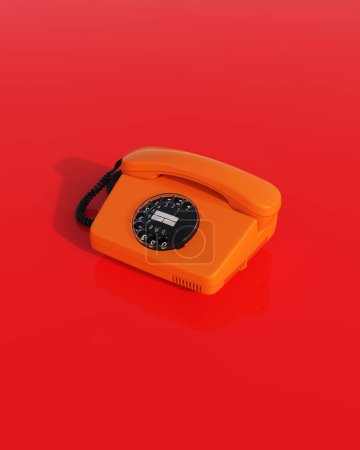 Foto de Naranja nostalgia teléfono vintage años 80 90 retro kitsch fondo rojo fondo de pantalla 3d ilustración renderizado digital - Imagen libre de derechos