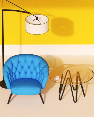 Téléchargez les photos : Fauteuil confortable table en verre décor bleu et jaune sur lampe suspendue rétro salon années 1950 vintage lumière du soleil illustration 3d rendre rendu numérique - en image libre de droit