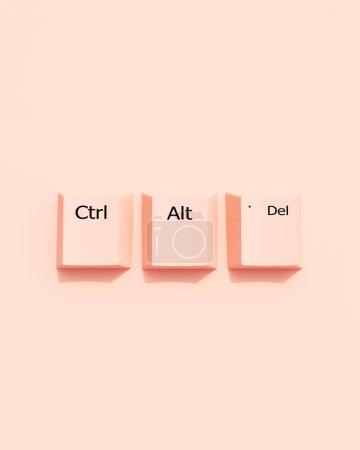 Photo for Peach Ctrl Alt Del keyboard keys text sign square tile pale peach background top view 3d illustration render digital rendering - Royalty Free Image