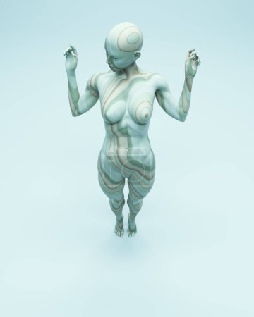Téléchargez les photos : Femme abstraite musculaire motif psychédélique figure de mode vert pêche lignes bleues ondulé élégant femelle debout avec les hanches et les bras levés illustration 3D rendre rendu numérique - en image libre de droit