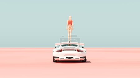 Photo for Woman standing on the roof of a white muscle car hot pink desert isolated sunny blue sky 3d illustration render digital rendering - Royalty Free Image