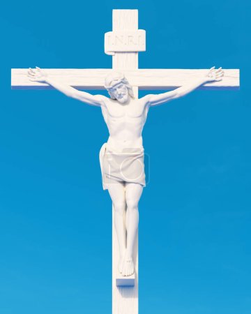 Téléchargez les photos : Christ croix crucifix statue blanc pierre bleu ciel sculpture religion brésil rio 3d illustration rendre rendu numérique - en image libre de droit