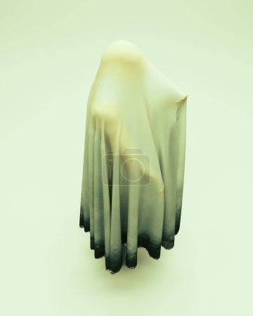 Téléchargez les photos : Figurine fantomatique distribuer feuille plastique mort linceul Halloween horreur fantôme paranormal effrayant éclairage kino illustration 3d rendre rendu numérique - en image libre de droit