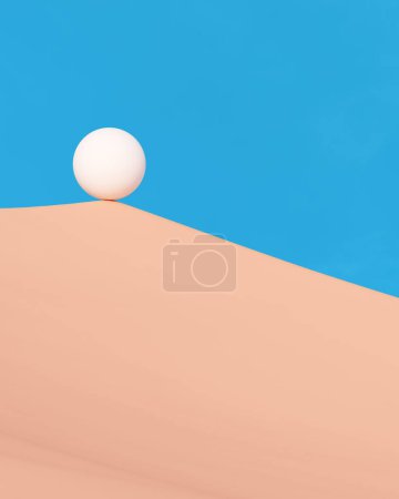 Photo for White sphere peach desert dunes blue sky boulder Sisyphus accomplishment concept 3d illustration render digital rendering - Royalty Free Image