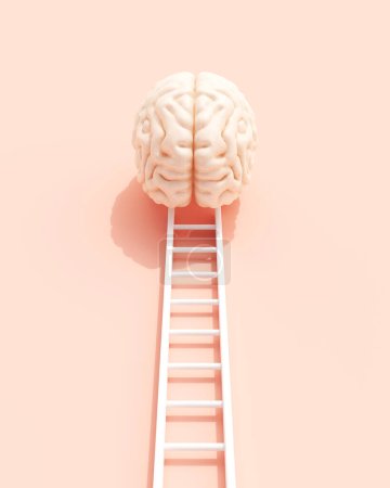 Photo for Ladder brain business concept symbol success opportunity personal growth problem solving rose pink background 3d illustration render digital rendering - Royalty Free Image
