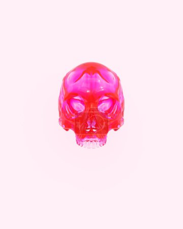 Téléchargez les photos : Crâne rose transparent tête d'Halloween en plastique anatomie humaine sculpture modèle 3d illustration rendre rendu numérique - en image libre de droit