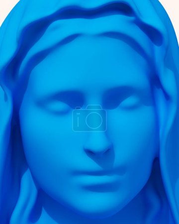 Téléchargez les photos : Blue Virgin Mary visage fond blanc statue religieuse gros plan sainte Maria icône traditionnelle illustration 3d rendre rendu numérique - en image libre de droit
