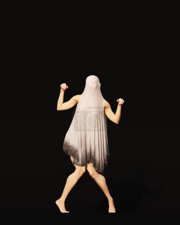 Foto de Fantasma figura fantasma mujer Halloween danza rondando paranormal blanco hoja muerte mortaja vista frontal 3d ilustración renderizado digital - Imagen libre de derechos